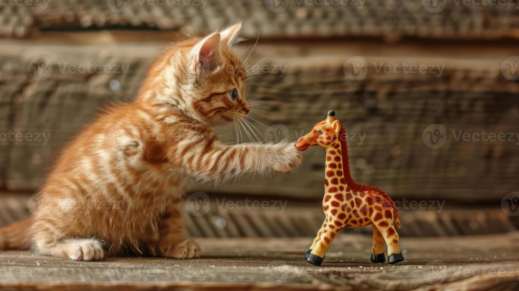 A playful kitten interacts with a toy giraffe on a rustic wooden surface. photo