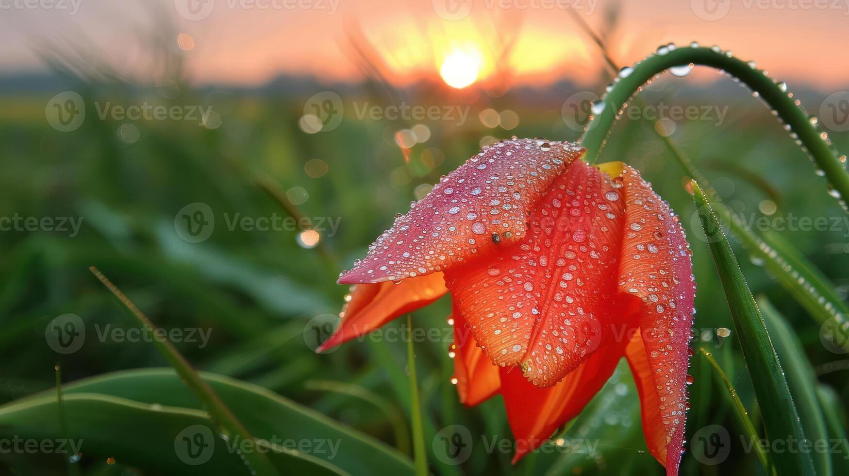 A close-up of a dew-covered tulip with a sunset in the background. photo