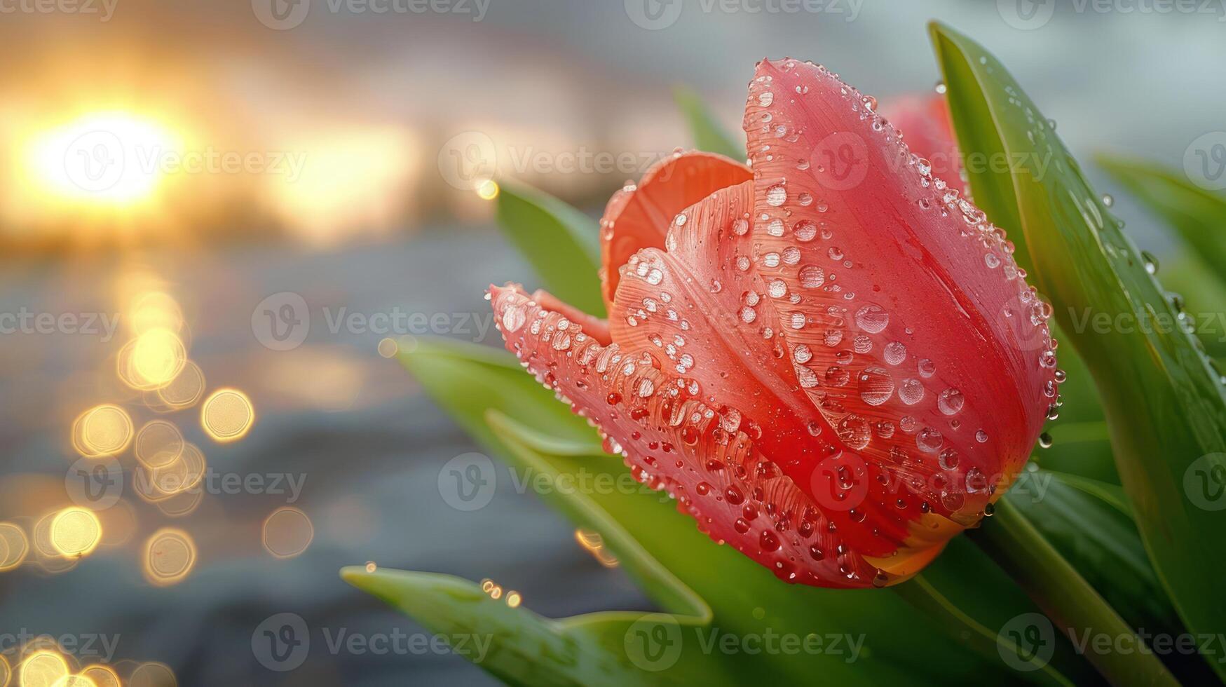 A close-up of a pink tulip with water droplets, illuminated by a sunset. photo