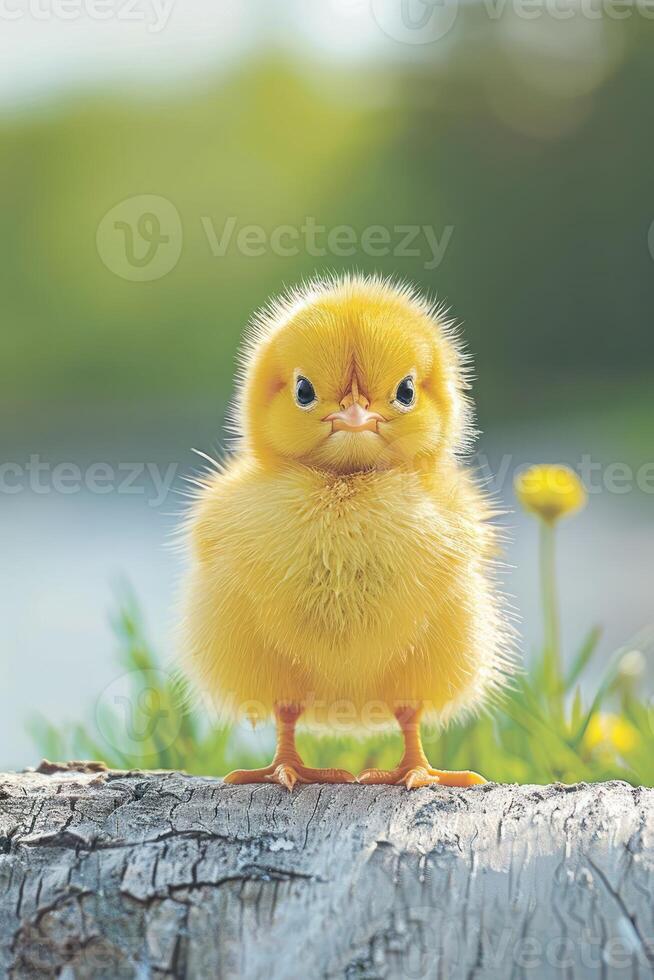 A cute, fluffy yellow chick stands on a log, surrounded by greenery and soft sunlight. photo