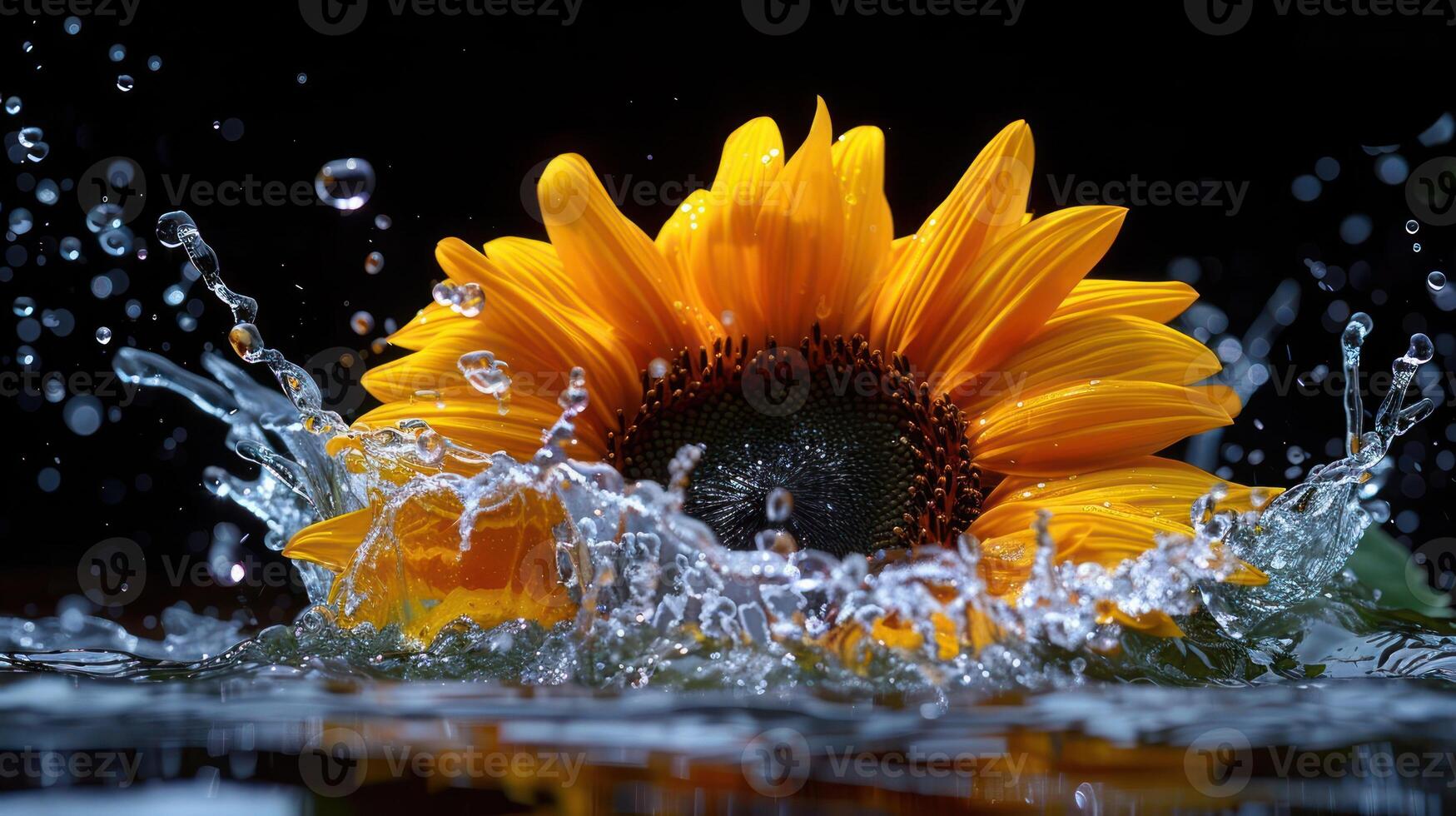 A vibrant sunflower emerges from water, creating splashes and droplets around it. photo