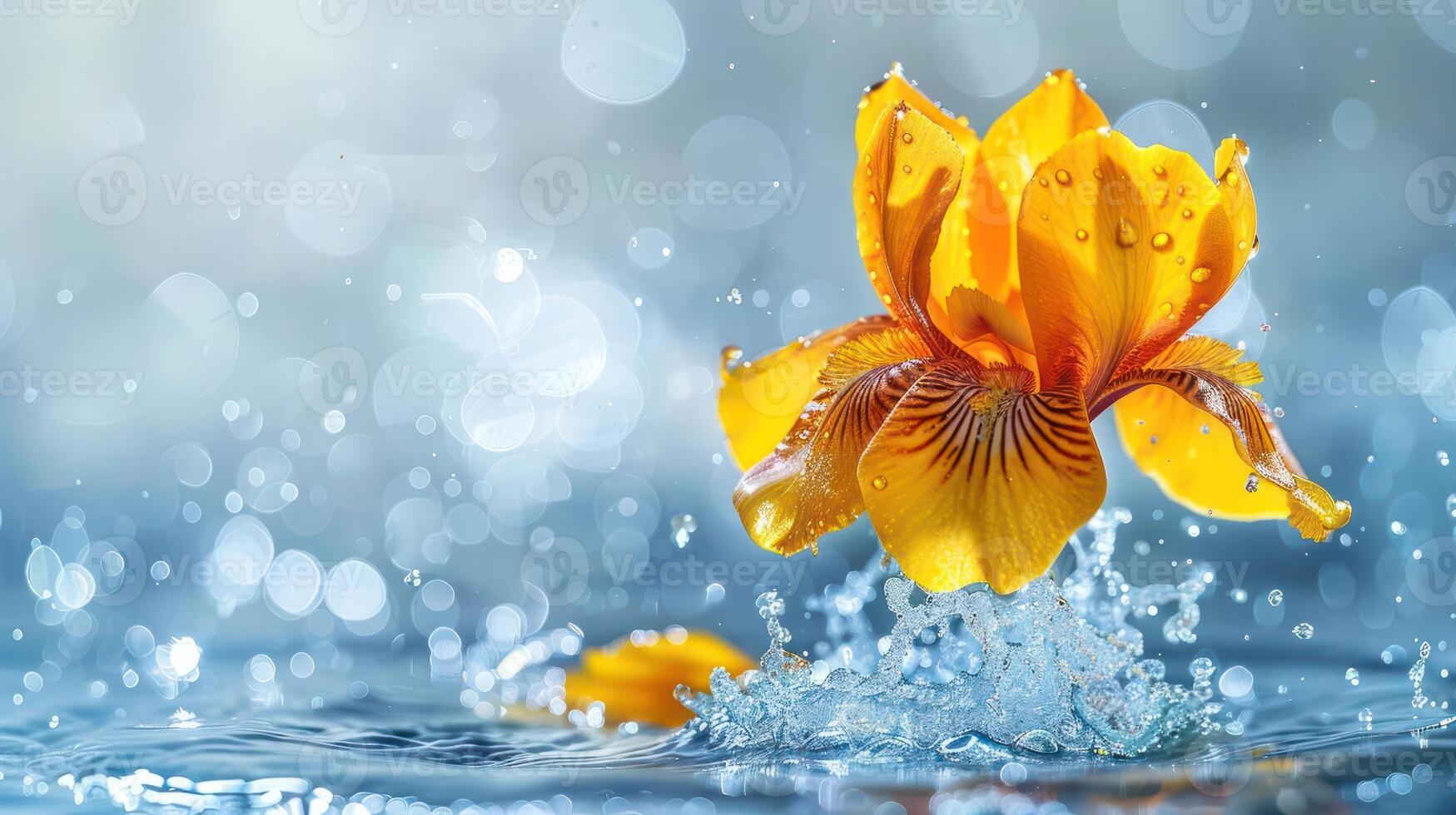 A vibrant yellow flower emerges from water, surrounded by droplets and a soft bokeh background. photo