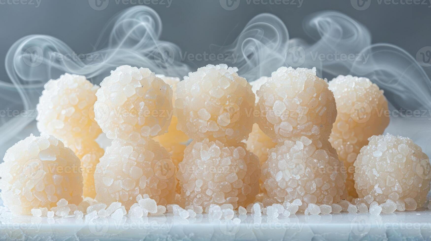 A cluster of spherical, sugar-coated treats emitting a misty vapor. photo