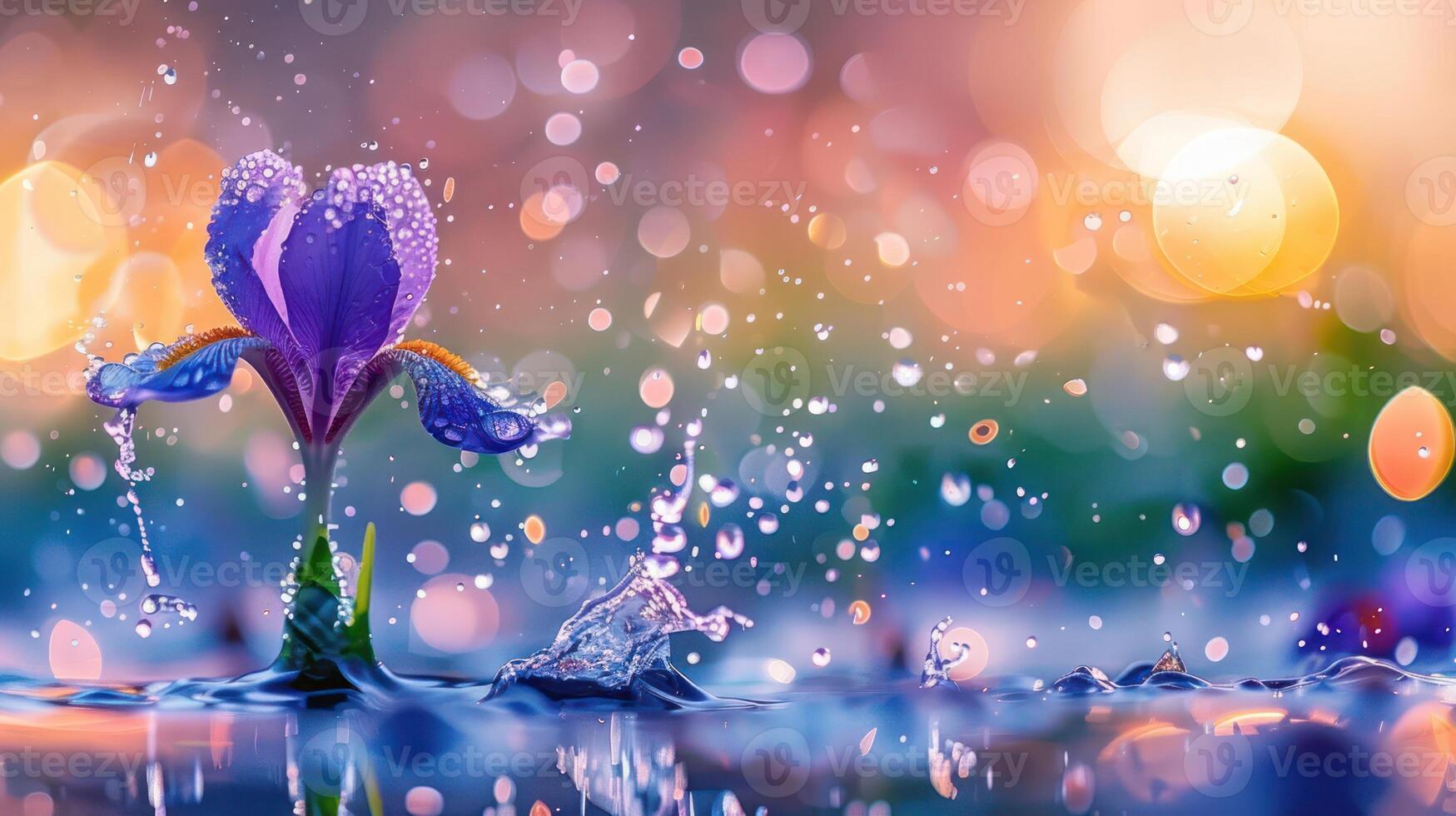 A vibrant flower emerges amidst raindrops, creating a serene and colorful atmosphere. photo