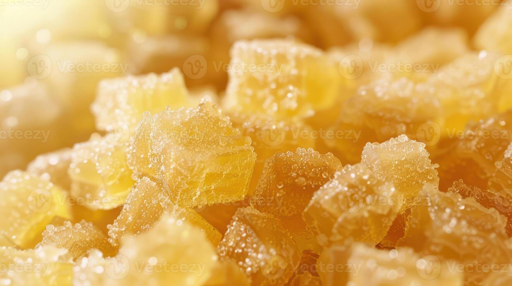 Close-up of golden sugar cubes, glistening with granulated sugar, showcasing their texture. photo