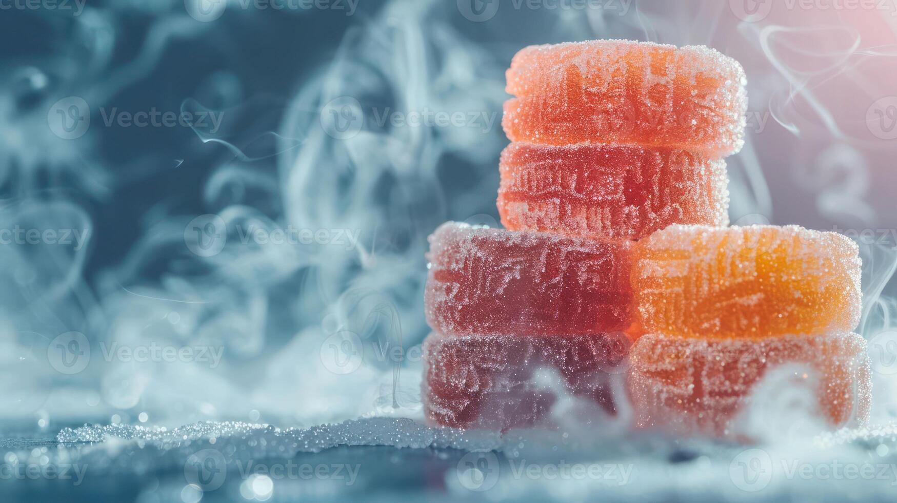 A close-up of stacked frozen ice cubes with a smoky background. photo