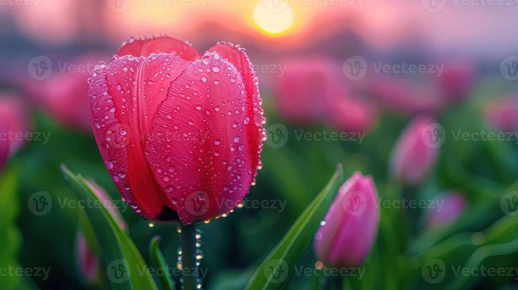 A close-up of a pink tulip with dew drops, set against a colorful sunrise in a field. photo