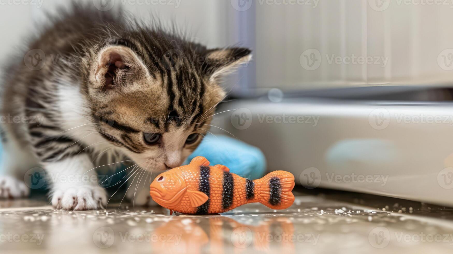 A curious kitten investigates a toy fish on a floor. photo