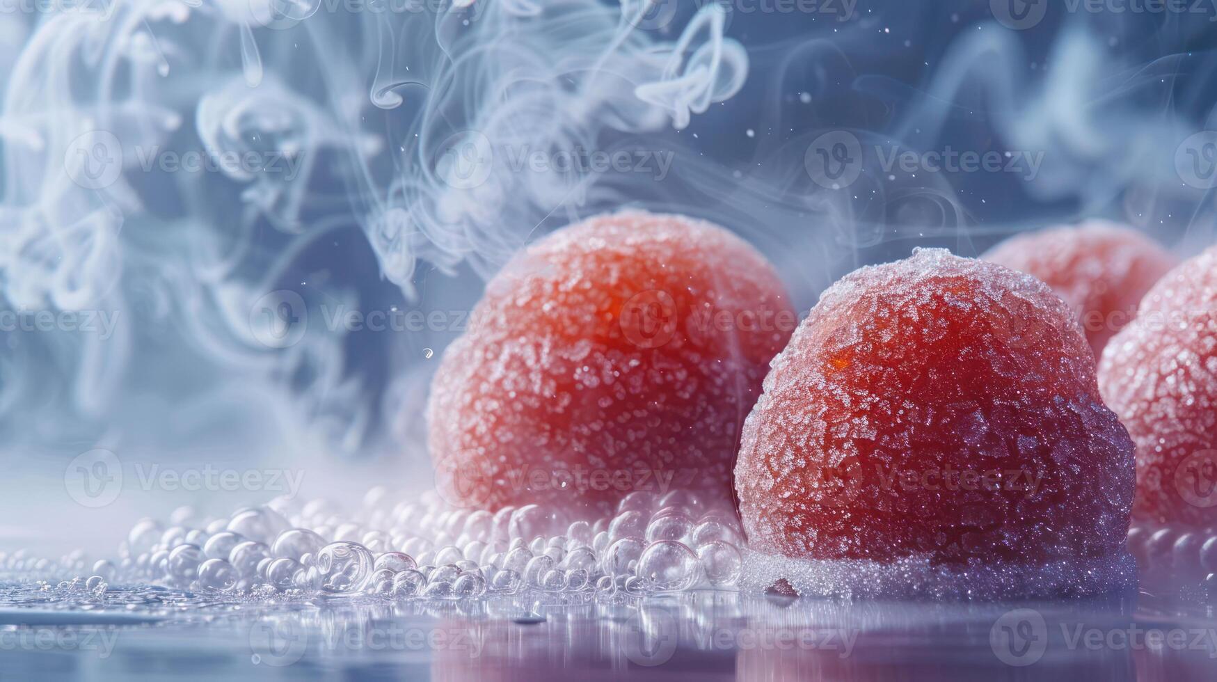 Frosted berries surrounded by bubbles and mist create a visually striking, refreshing scene. photo