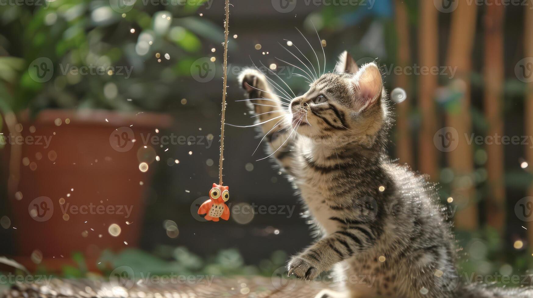 A playful kitten reaching for a toy in a sunlit garden. photo