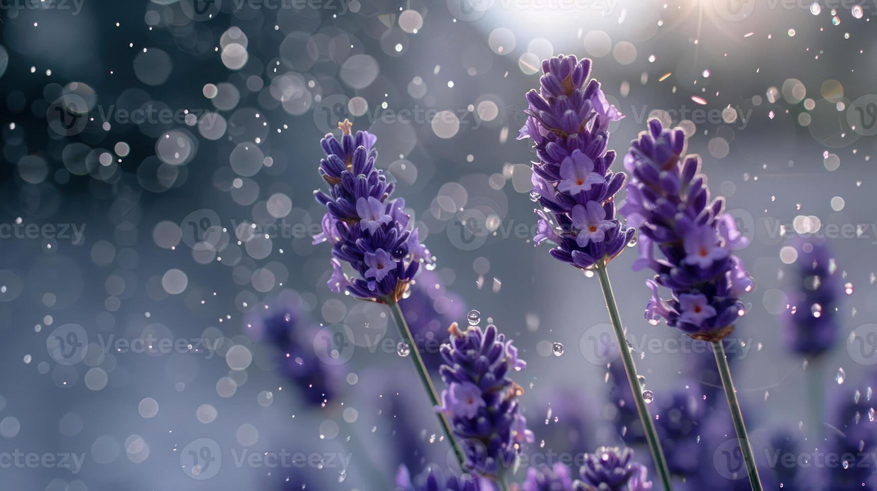 A close-up of lavender flowers with water droplets and a bokeh background. photo