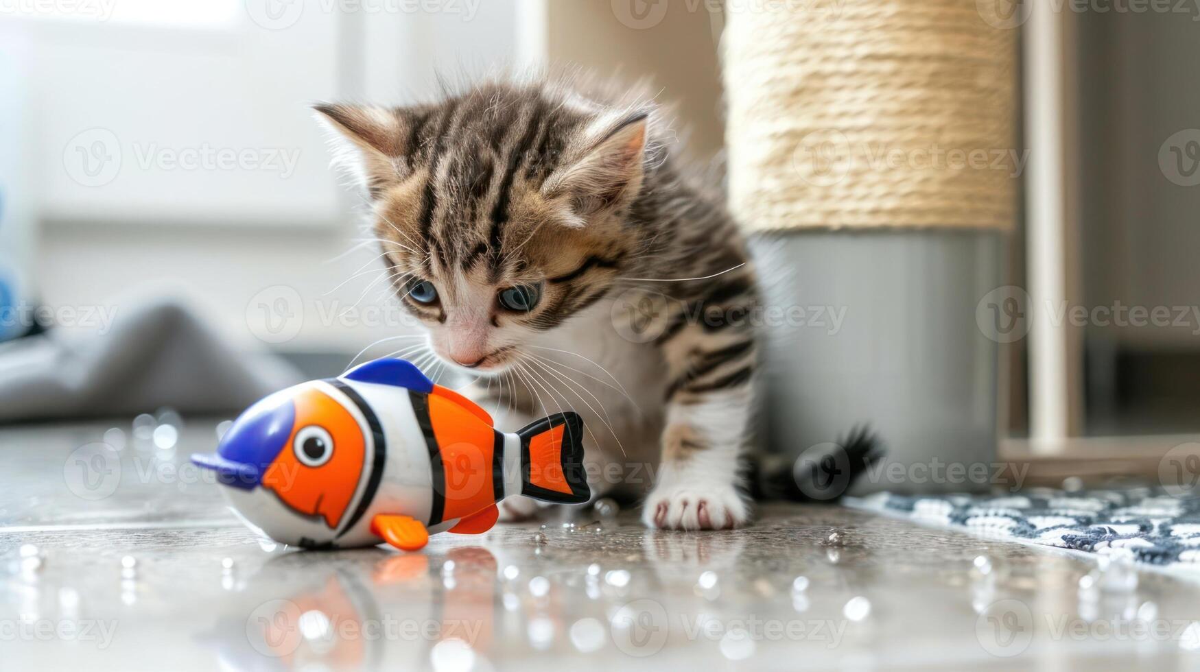 A playful kitten curiously investigates a colorful fish toy on a floor. photo
