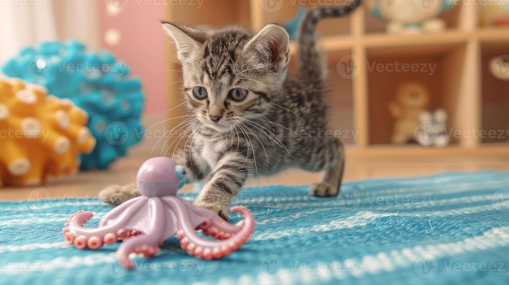 A playful kitten interacts with a colorful octopus toy on a vibrant rug in a cozy room. photo