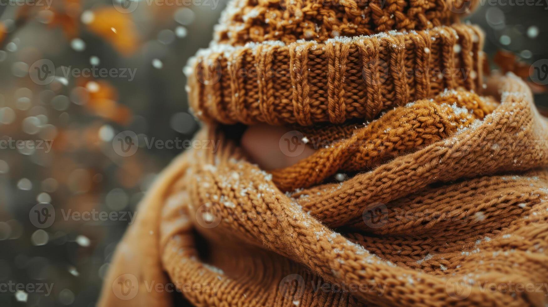 A person bundled in a warm, knitted scarf and hat, surrounded by falling snowflakes. photo