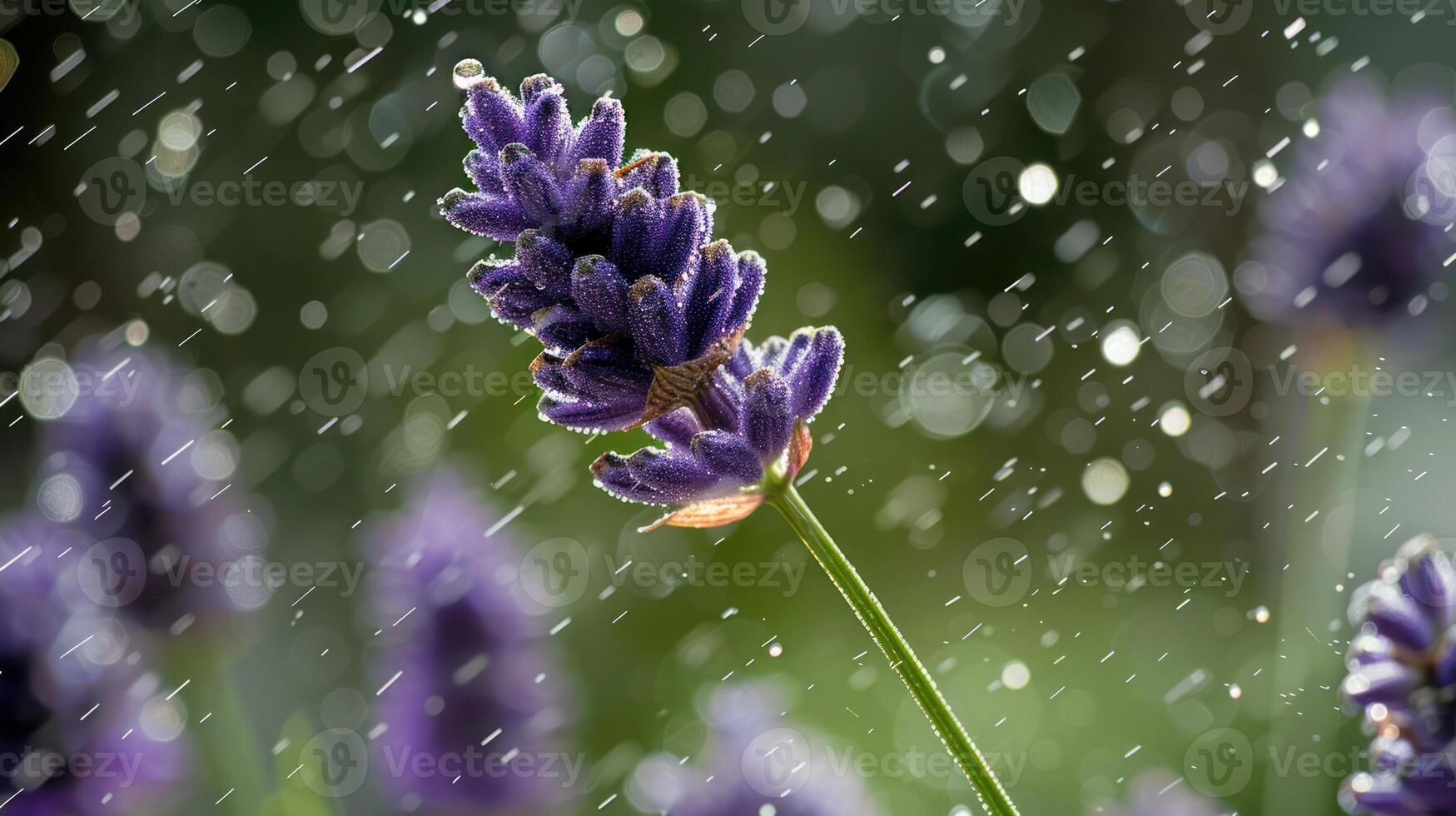 A close-up of a lavender flower in the rain, with droplets creating a dreamy atmosphere. photo