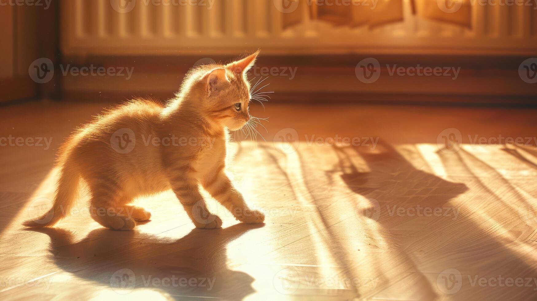 A playful kitten explores a sunlit room, casting a soft shadow on the floor. photo