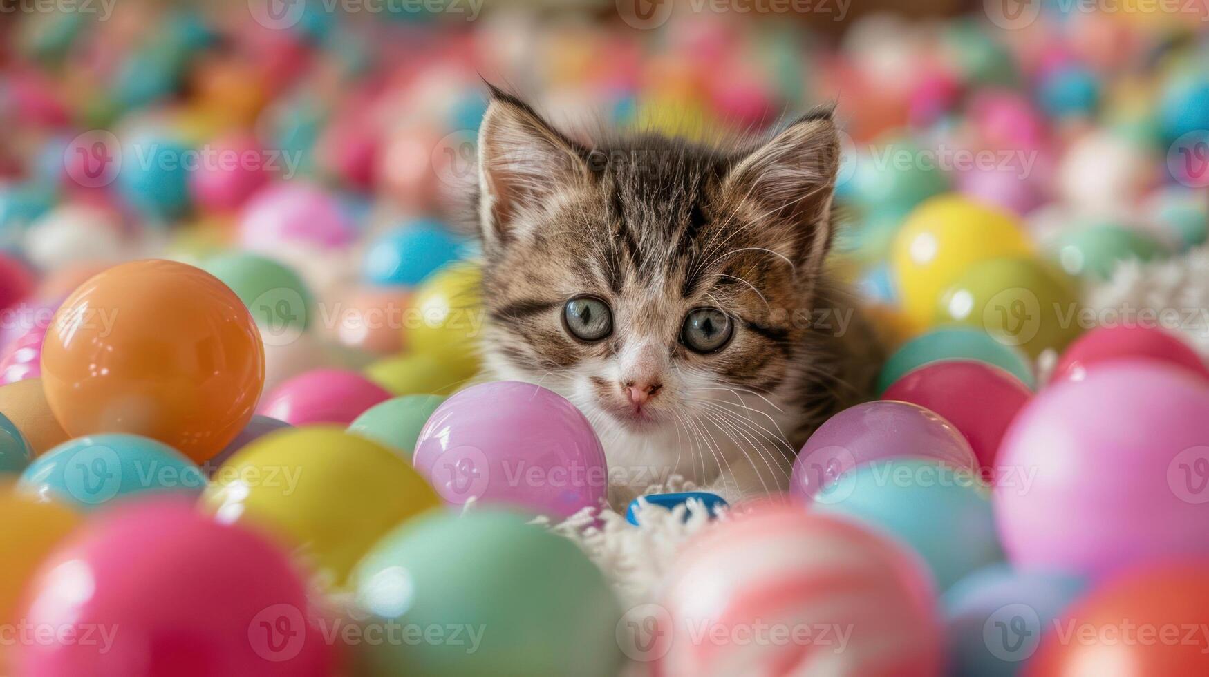 A cute kitten surrounded by colorful plastic balls, creating a playful and cheerful scene. photo