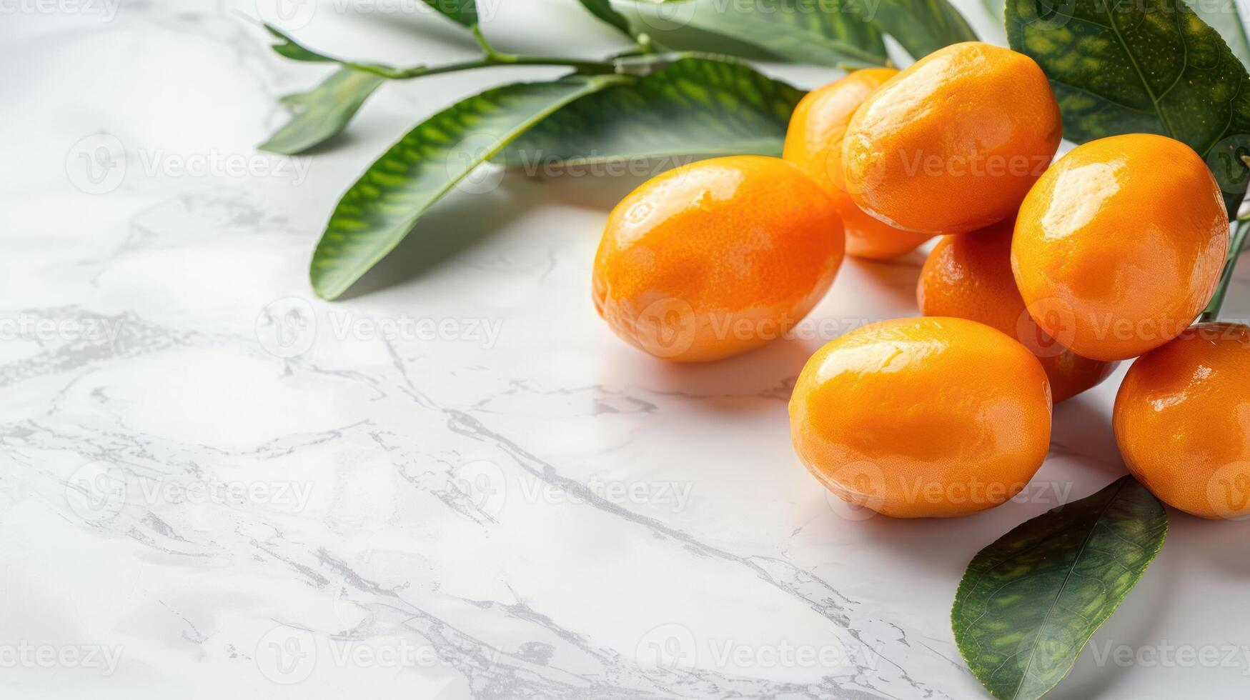 Fresh, glossy orange fruits arranged with green leaves on a marble surface. photo