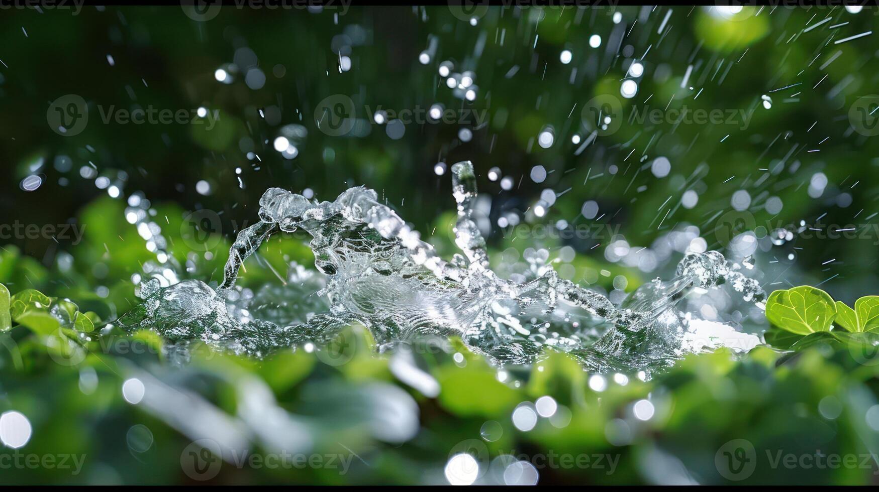 Water splashes over green foliage, showcasing nature's beauty and movement. photo