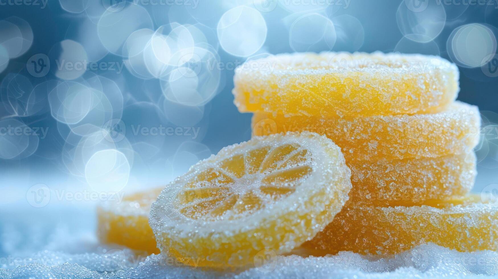 A close-up of sugar-coated lemon slices on a snowy surface with a blurred blue background. photo