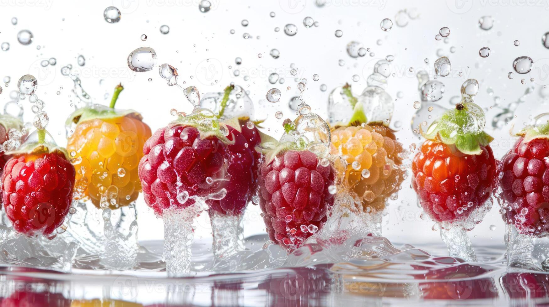 Fresh raspberries and yellow berries splashing in water, creating a vibrant, refreshing scene. photo