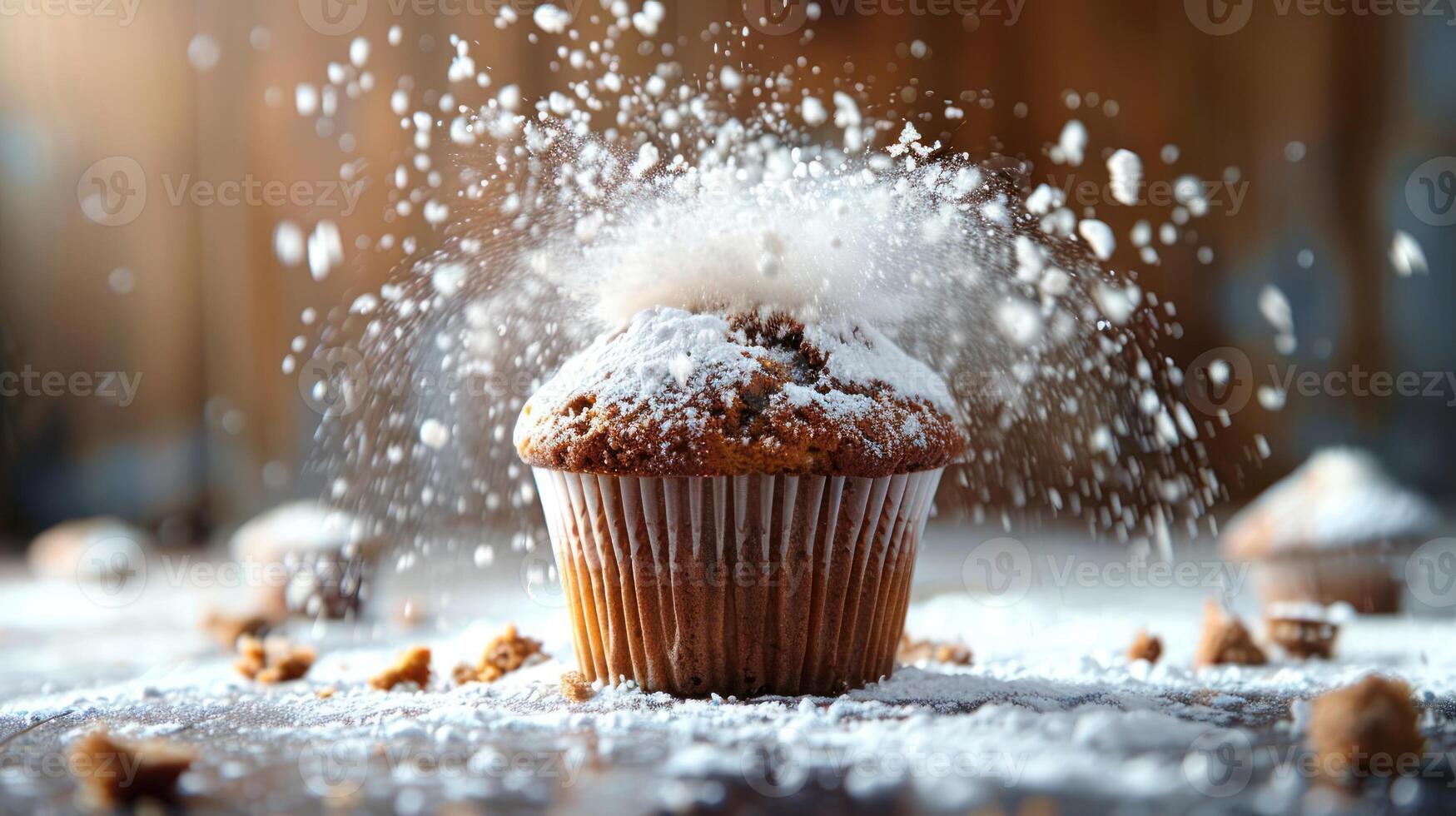 A freshly baked cupcake dusted with powdered sugar, creating a playful, dynamic effect. photo