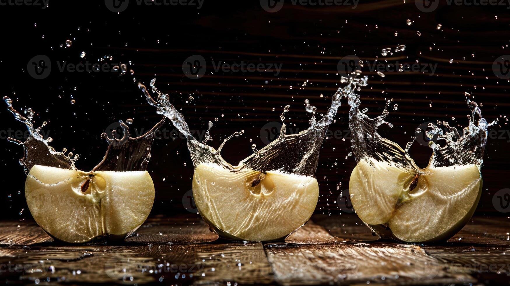 Slices of apple creating splashes in water against a dark background. photo