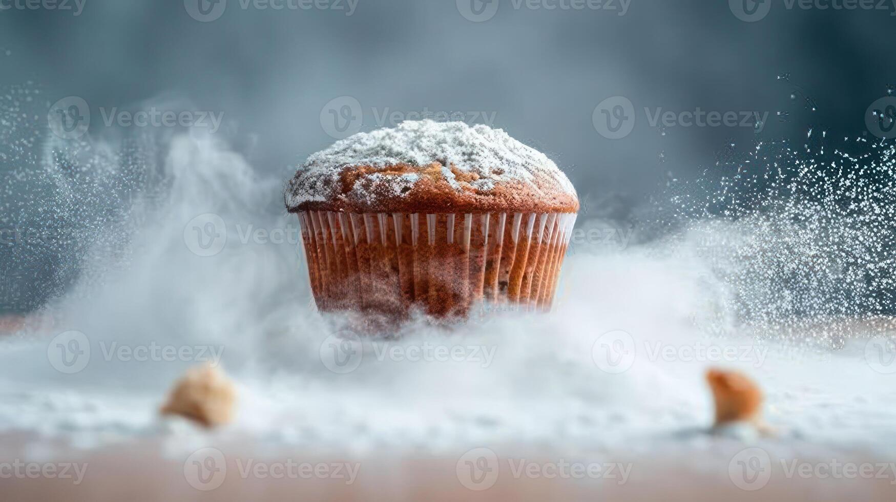 A freshly baked muffin dusted with powdered sugar, surrounded by a cloud of flour. photo