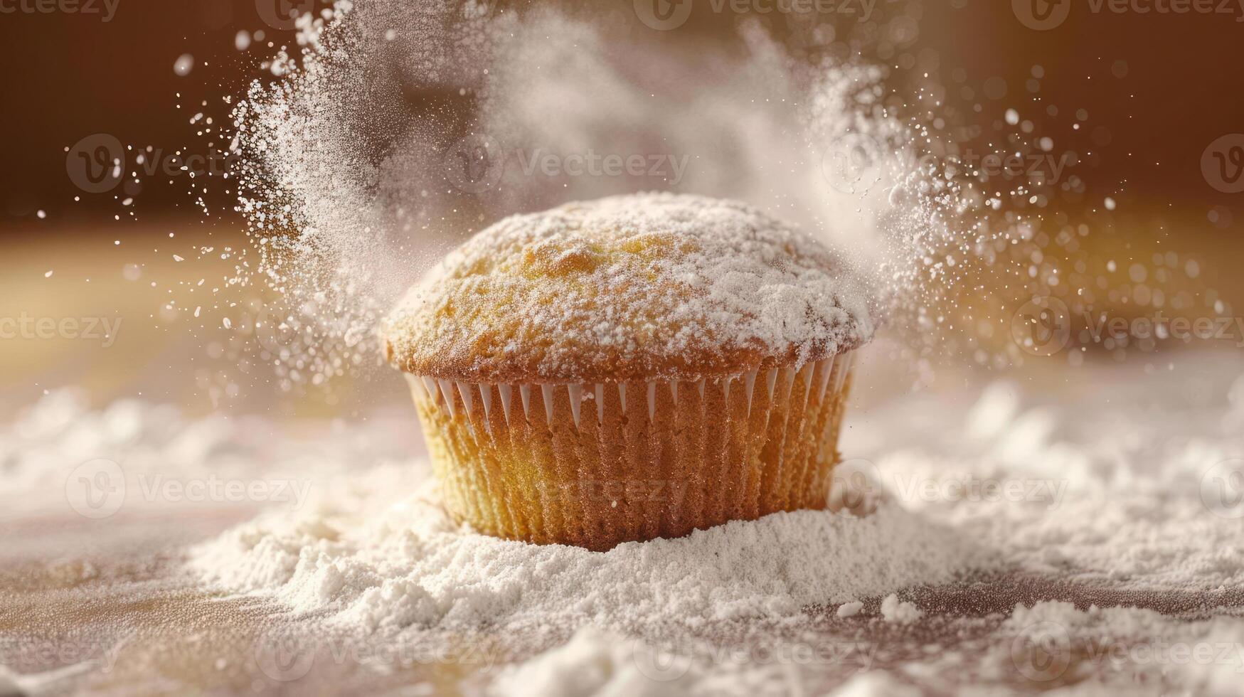 A freshly baked muffin surrounded by a cloud of flour, emphasizing its texture and freshness. photo