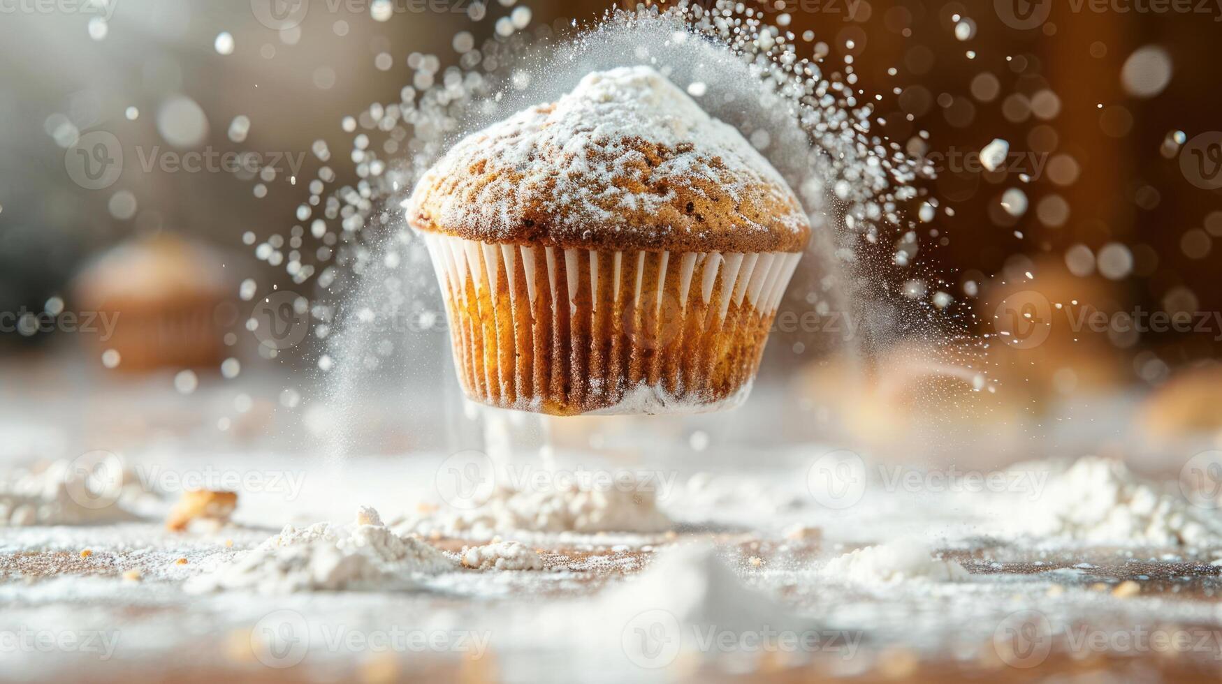 A floating cupcake dusted with powdered sugar, surrounded by flour, emphasizing baking. photo