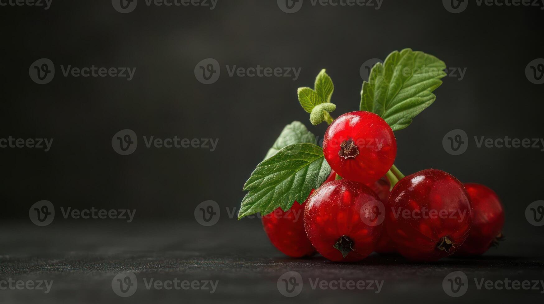 A cluster of red currants with green leaves against a dark background. photo
