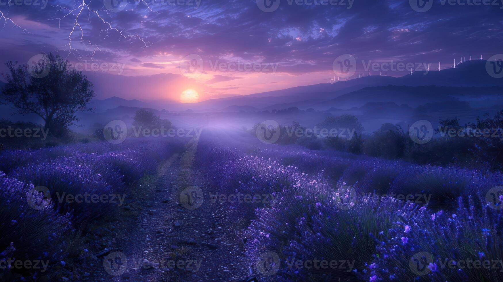 A serene lavender field at sunset, illuminated by lightning in the distance. photo