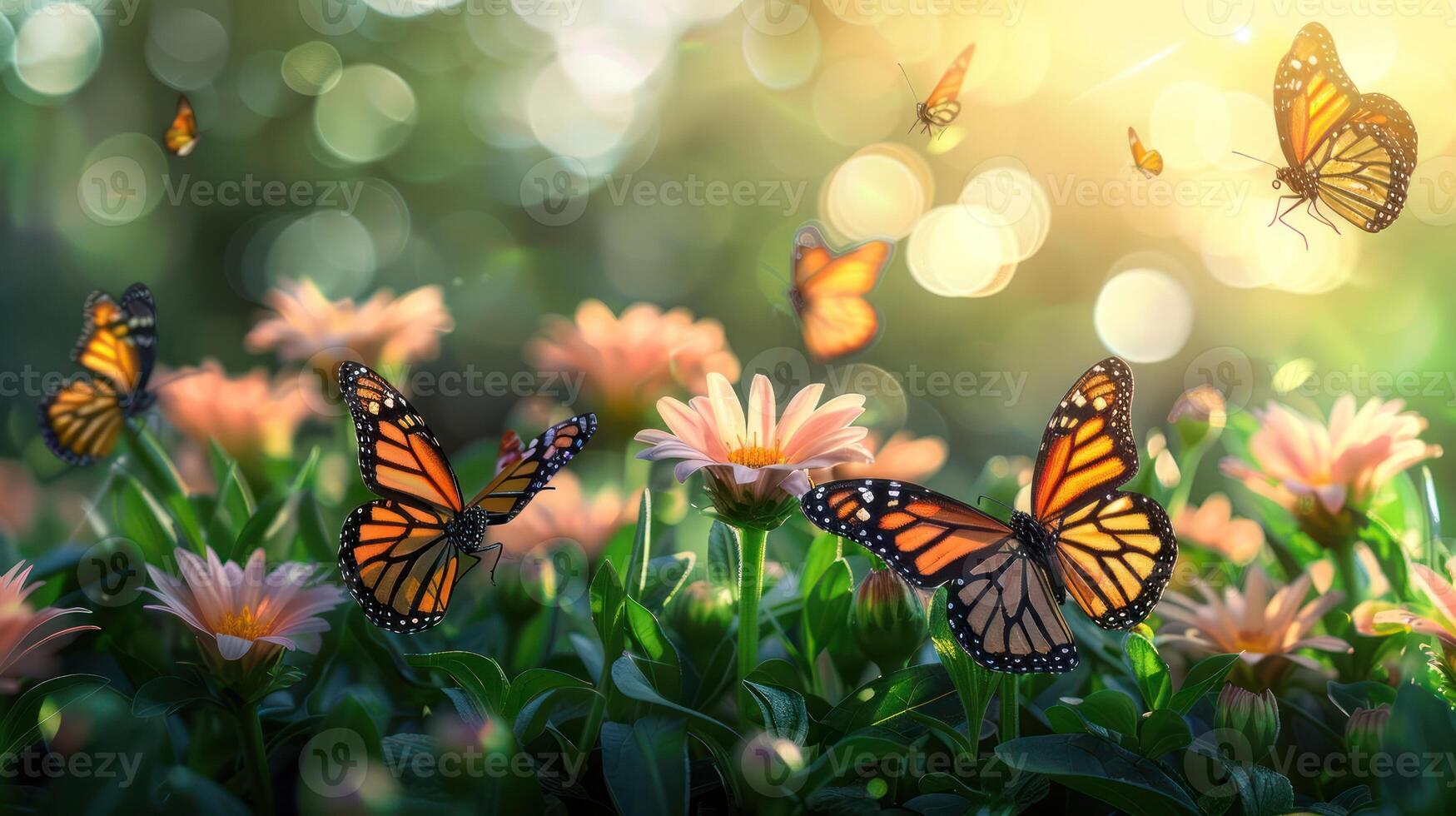 A vibrant scene of butterflies fluttering among blooming flowers in soft, natural light. photo