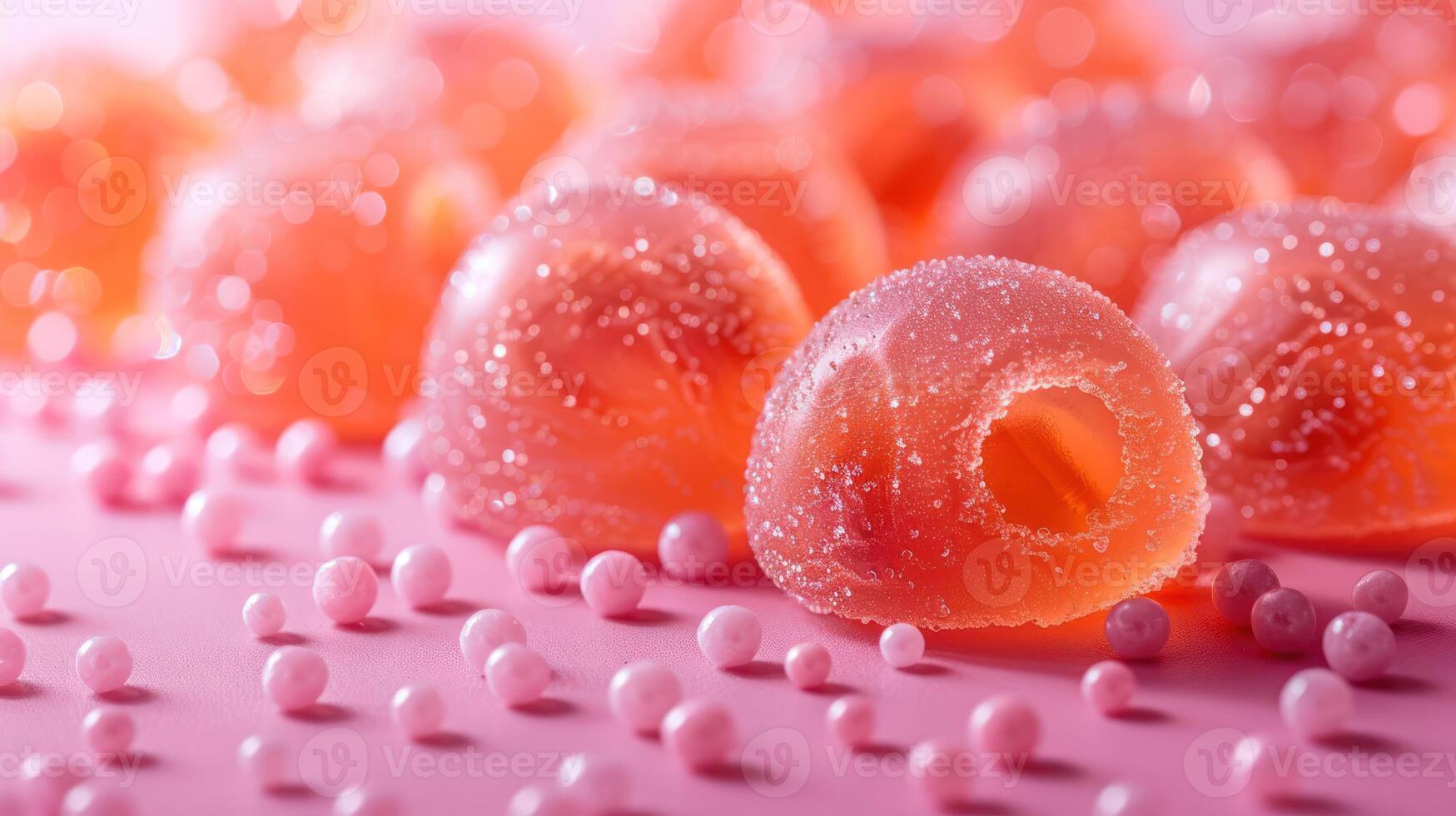 A colorful arrangement of jelly candies and small sugar balls on a pink surface. photo
