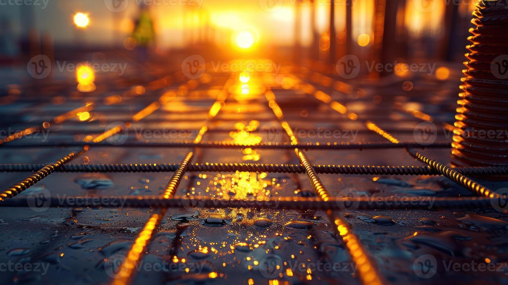 A sunset view over a construction site with wet concrete and reinforcing bars. photo
