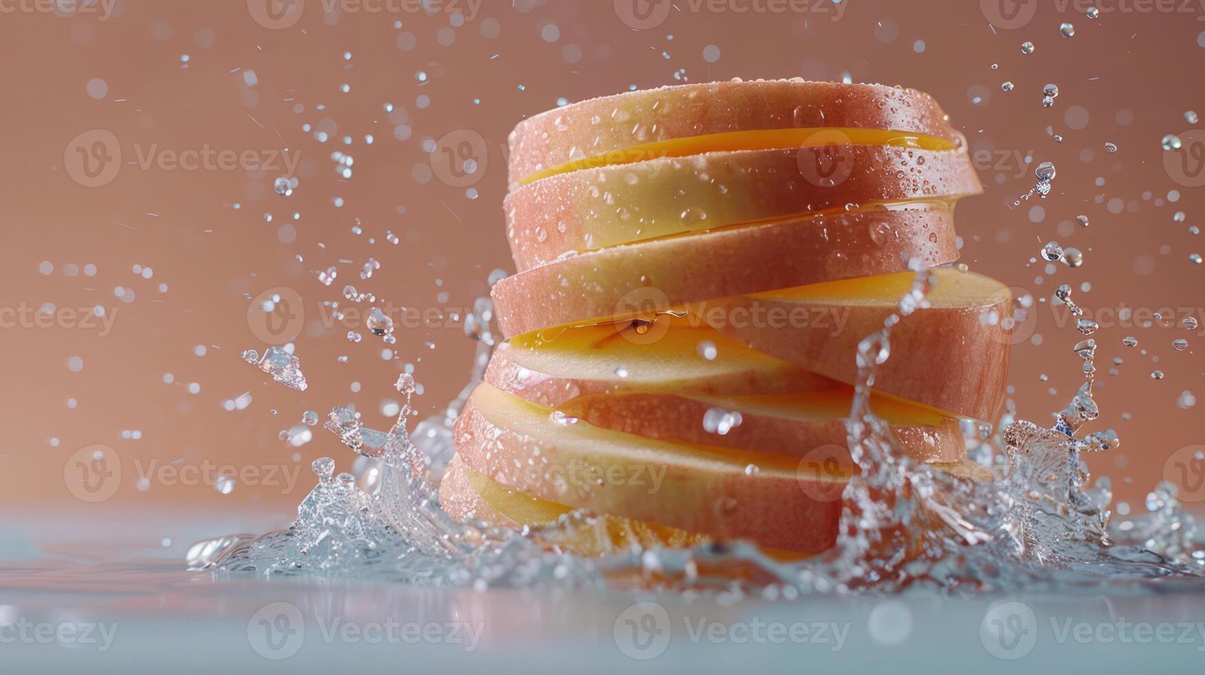 Sliced apples splashing into water, creating a dynamic and refreshing visual effect. photo