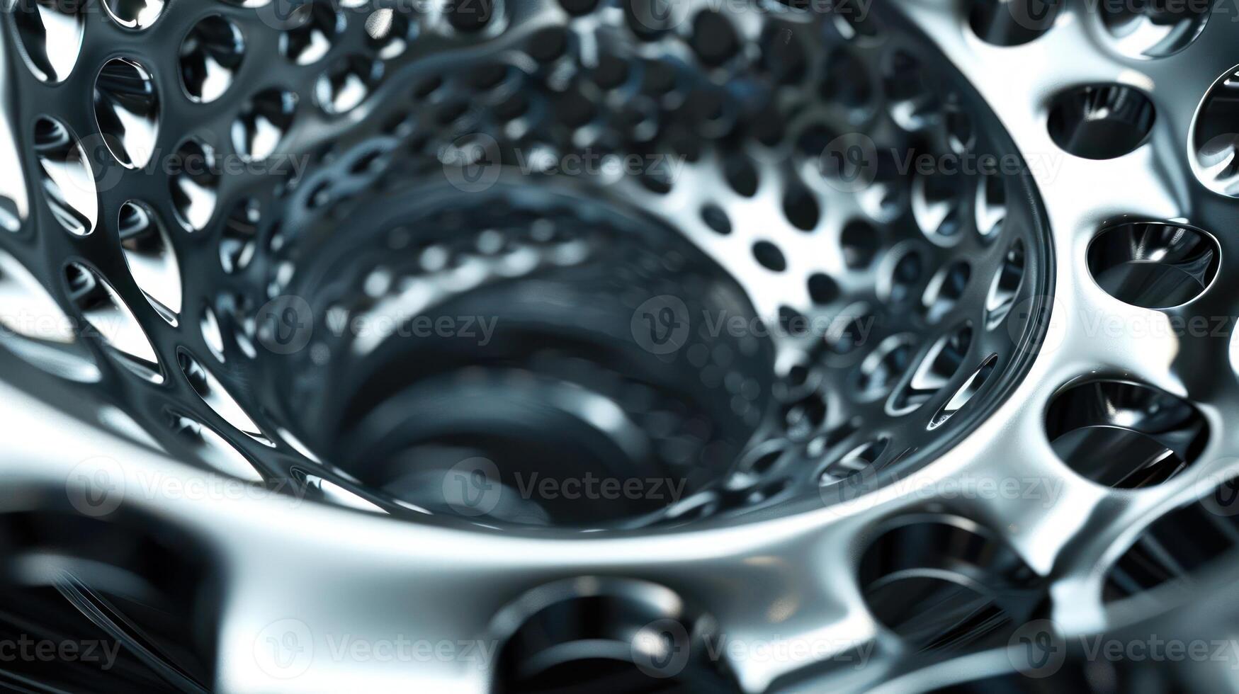 A close-up view of a metallic, hollow structure with intricate patterns and depth. photo