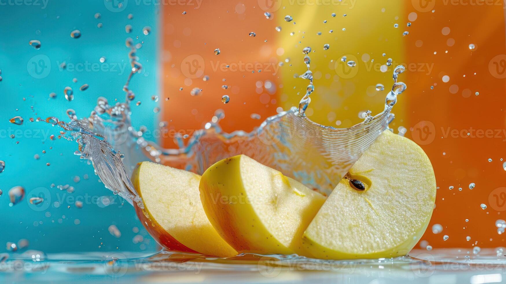 Slices of apple creating a splash in water against a colorful background. photo
