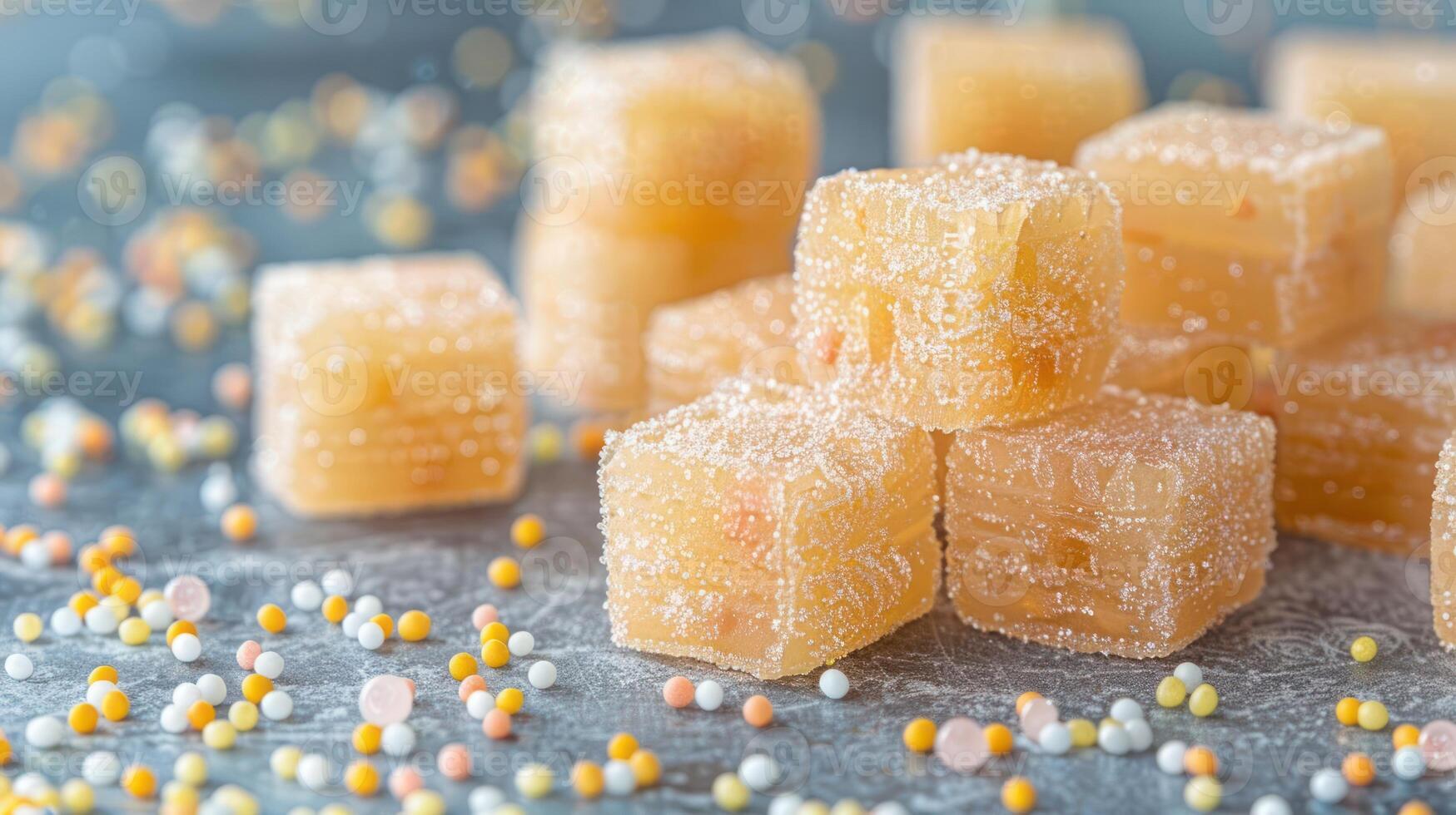 A close-up of colorful, sugary jelly candies arranged on a textured surface. photo