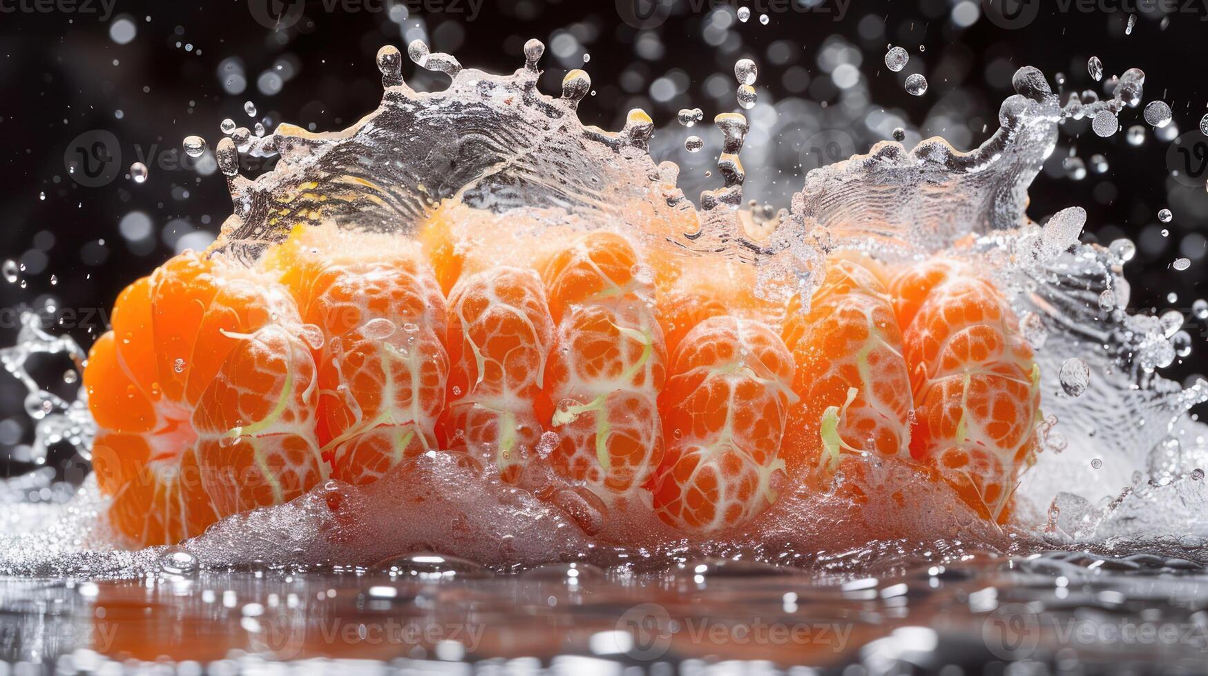 A vibrant orange segment splashes into water, creating dynamic droplets and ripples. photo