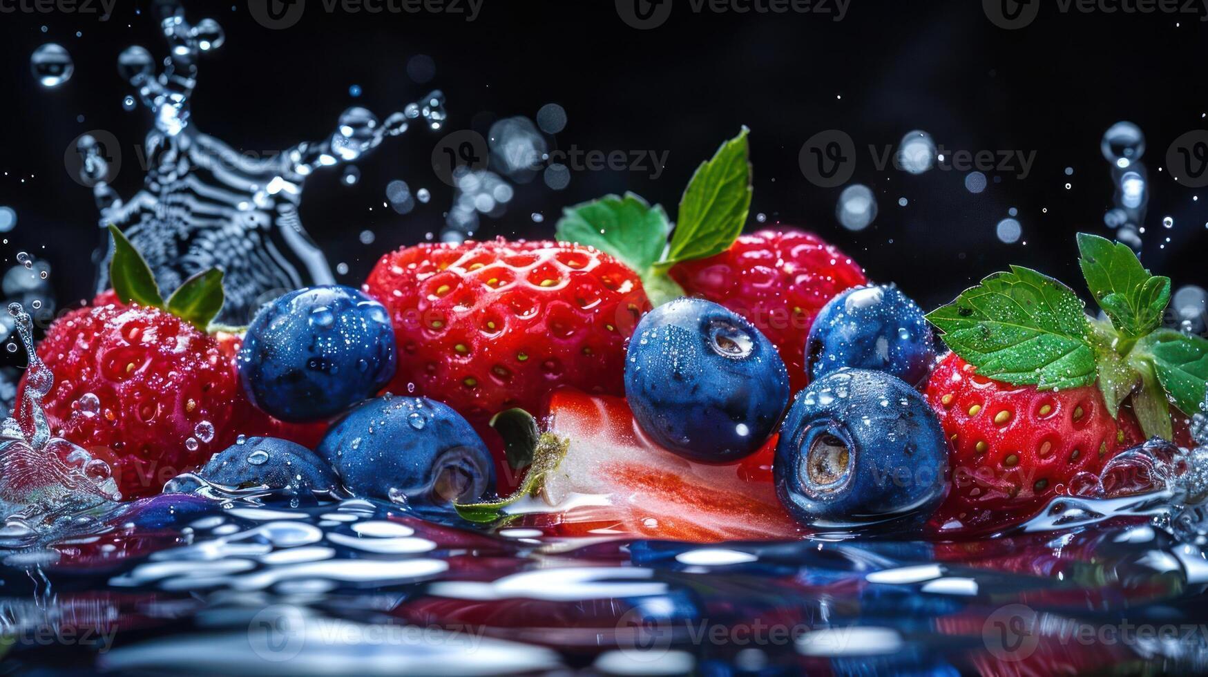 A vibrant display of fresh berries splashing in water, showcasing freshness and vitality. photo