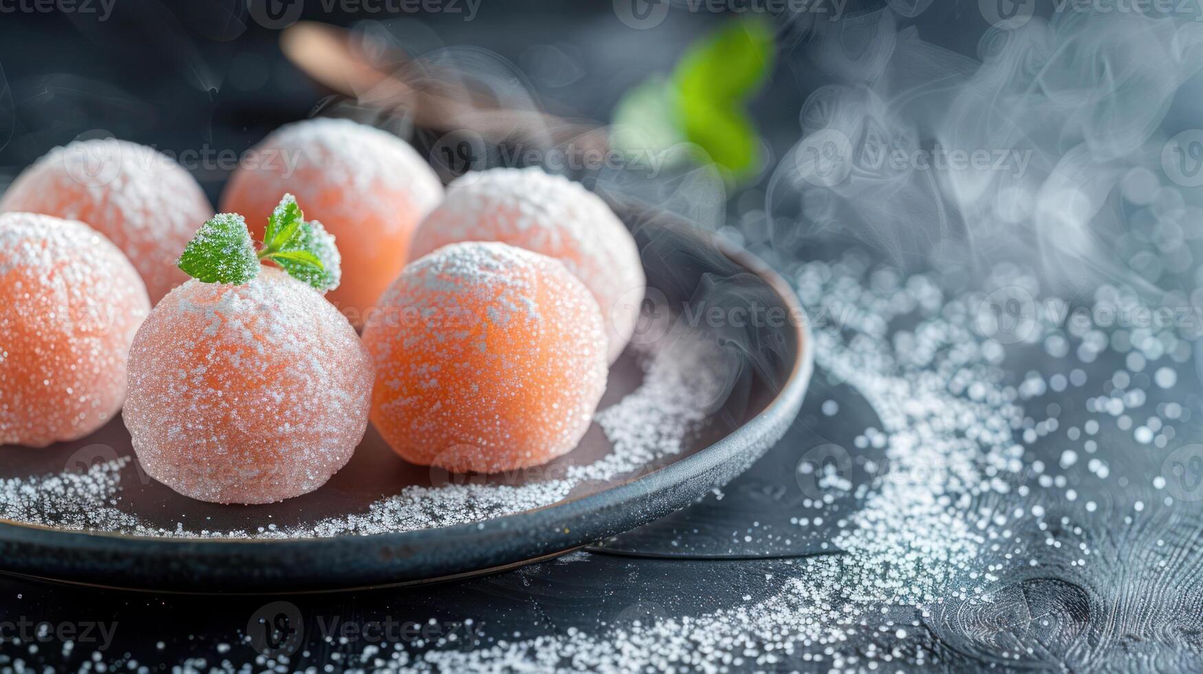 A plate of delicate, powdered mochi balls garnished with mint leaves. photo