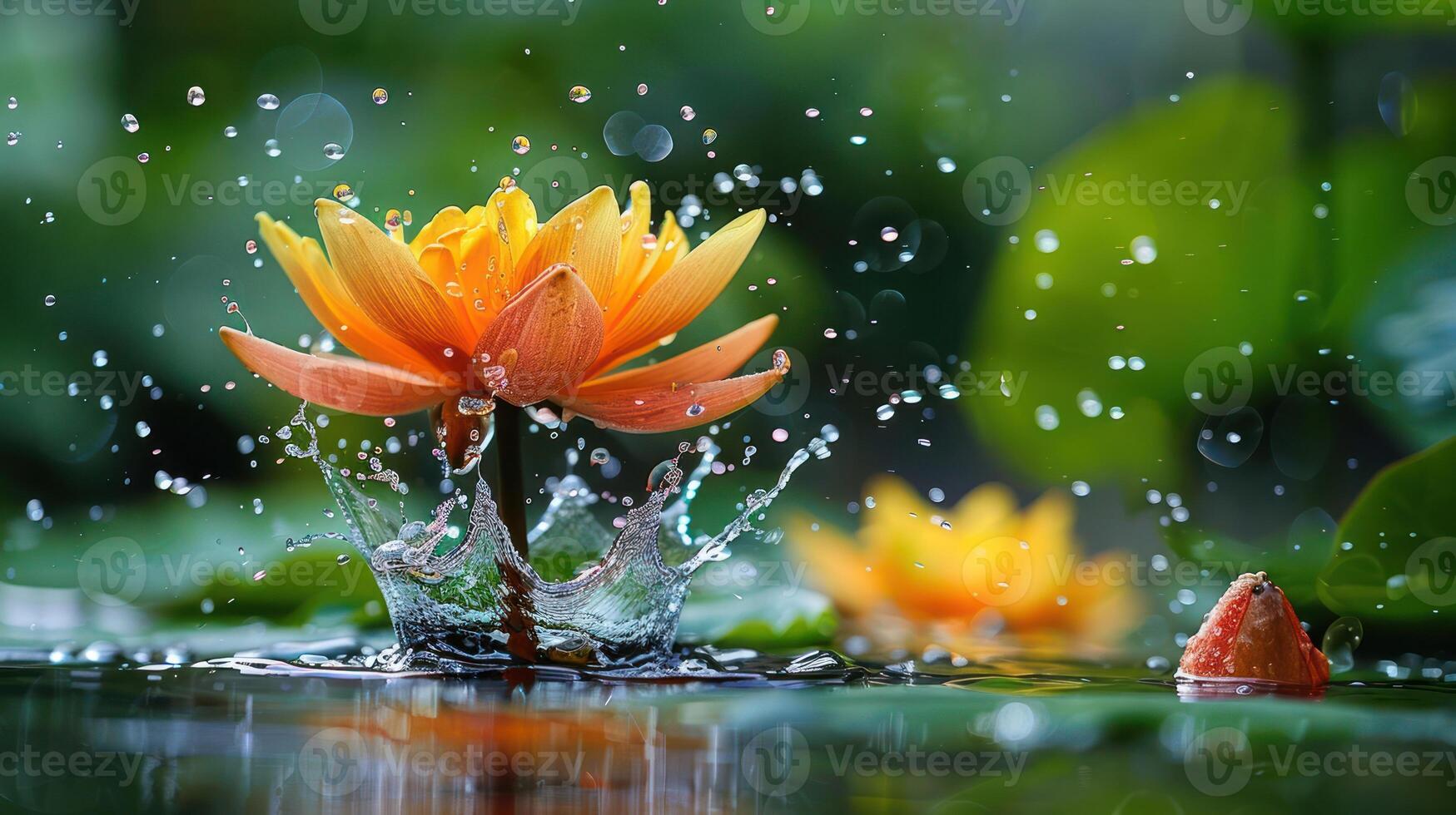 A vibrant water lily emerges from the water, surrounded by splashes and droplets. photo