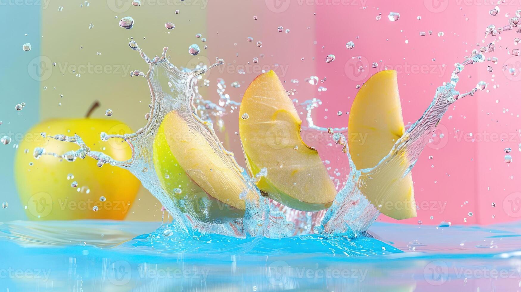Splashing apple slices in vibrant water, showcasing freshness and vitality. photo