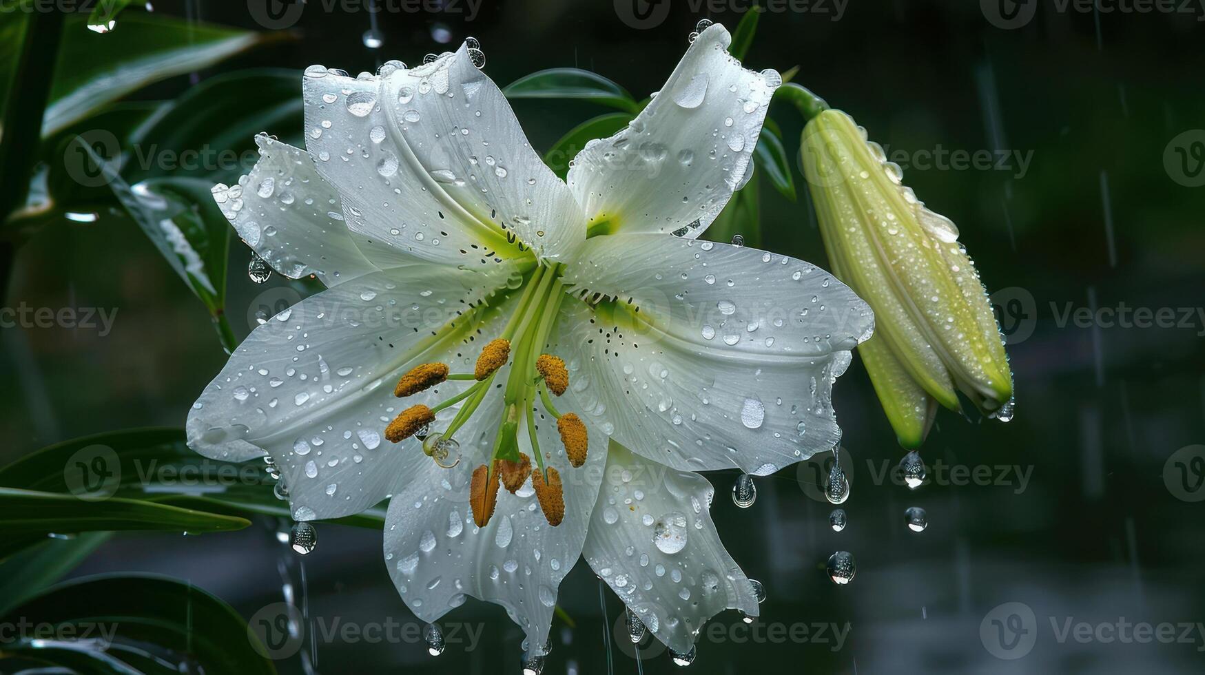 A close-up of a white lily with raindrops, surrounded by lush greenery. photo
