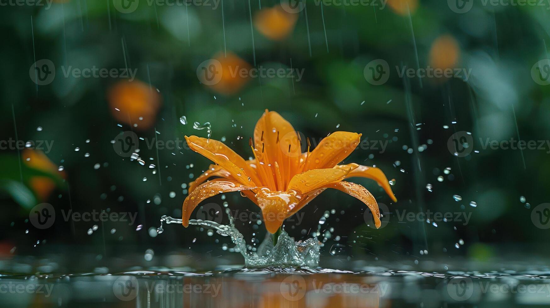A vibrant orange flower emerges from water, surrounded by rain and greenery. photo