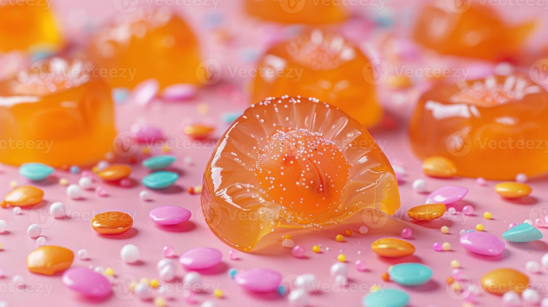 Colorful jelly candies on a pink background with sprinkles. photo