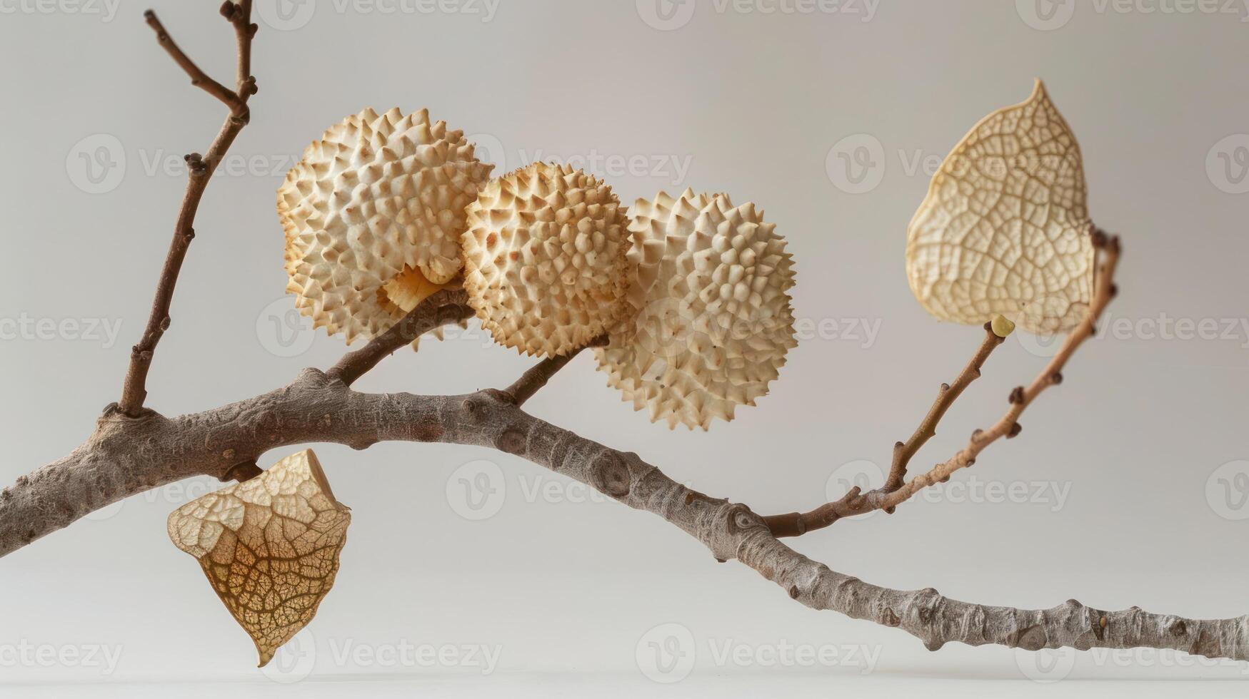 A branch with spiky seed pods and delicate leaves against a light background. photo