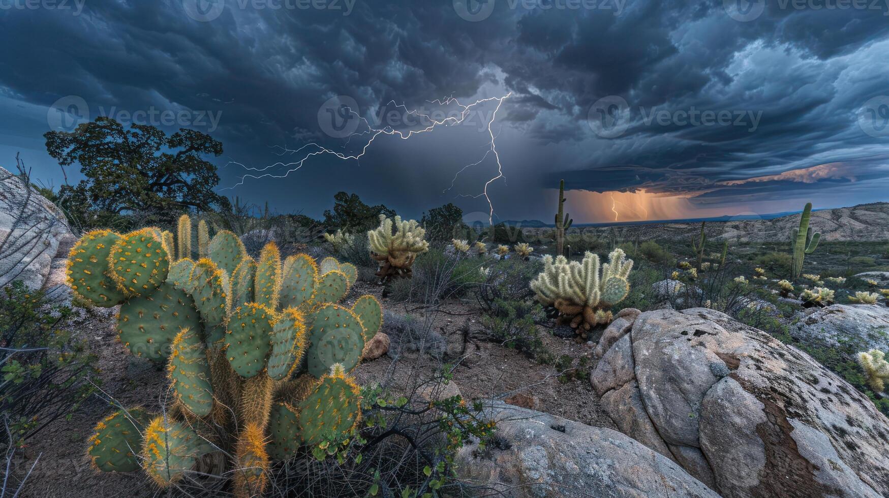 A dramatic desert landscape featuring cacti under a stormy sky with lightning. photo