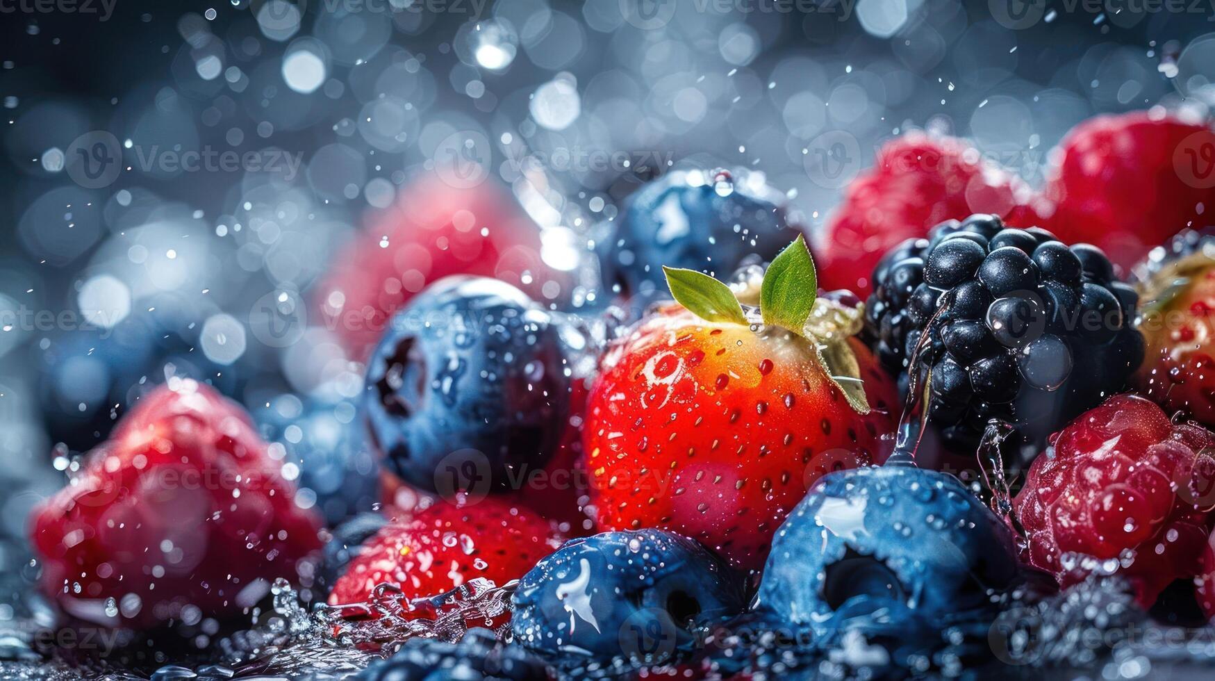 A vibrant assortment of fresh berries splashed with water, showcasing their freshness. photo